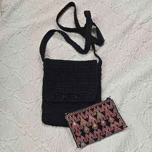 Black Crochet Crossbody Bag with Patterned Pouch